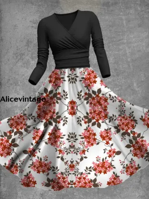 Floral Print V-Neck Vintage Elegant Long Sleeve Midi Dress