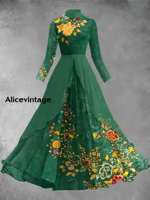 Floral Print Vintage Elegant Chic Long Sleeve Midi Dress