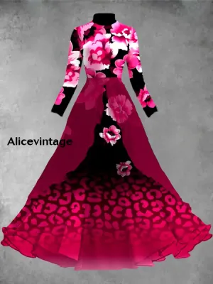Floral Print Vintage Elegant Chic Long Sleeve Midi Dress