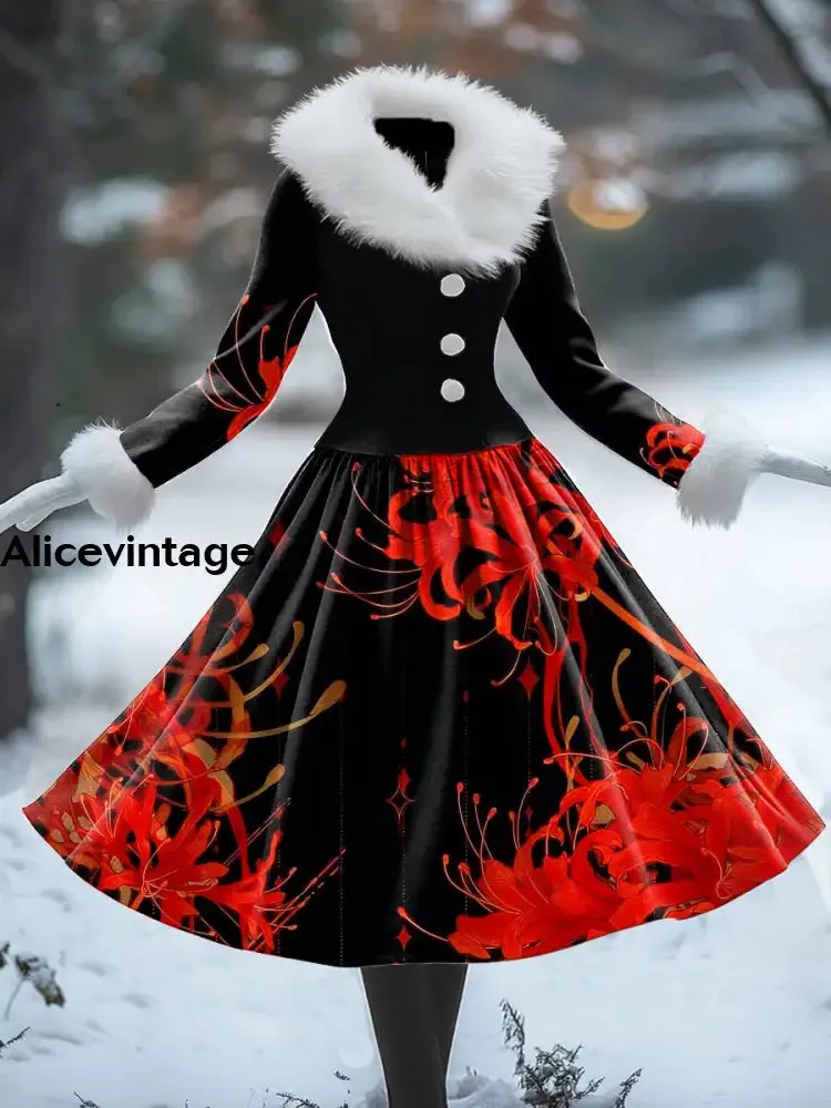 Floral Print Vintage Elegant Fur Collar Long Sleeve Midi Dress