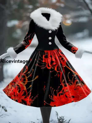 Floral Print Vintage Elegant Fur Collar Long Sleeve Midi Dress
