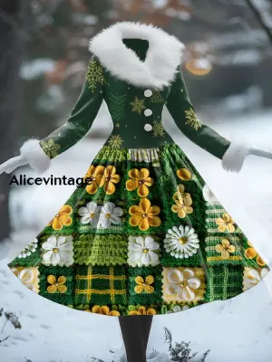 Floral Print Vintage Elegant Fur Collar Long Sleeve Midi Dress