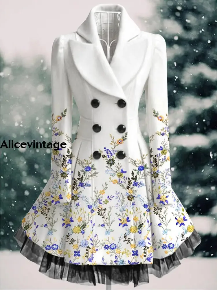 Floral Print Vintage Elegant Lapel V-Neck Button Up Long Sleeve Coat Dress