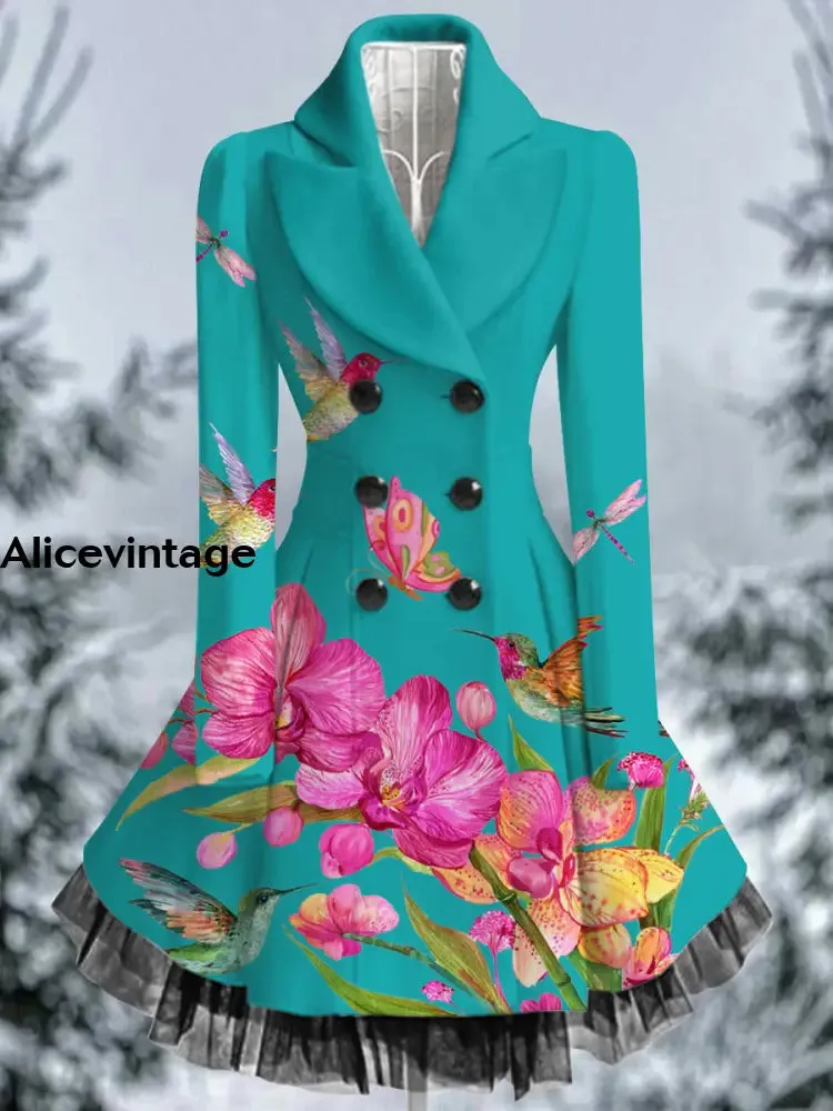 Floral Print Vintage Elegant Lapel V-Neck Button Up Long Sleeve Coat Dress