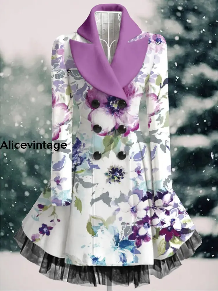 Floral Print Vintage Elegant Lapel V-Neck Button Up Long Sleeve Coat Dress