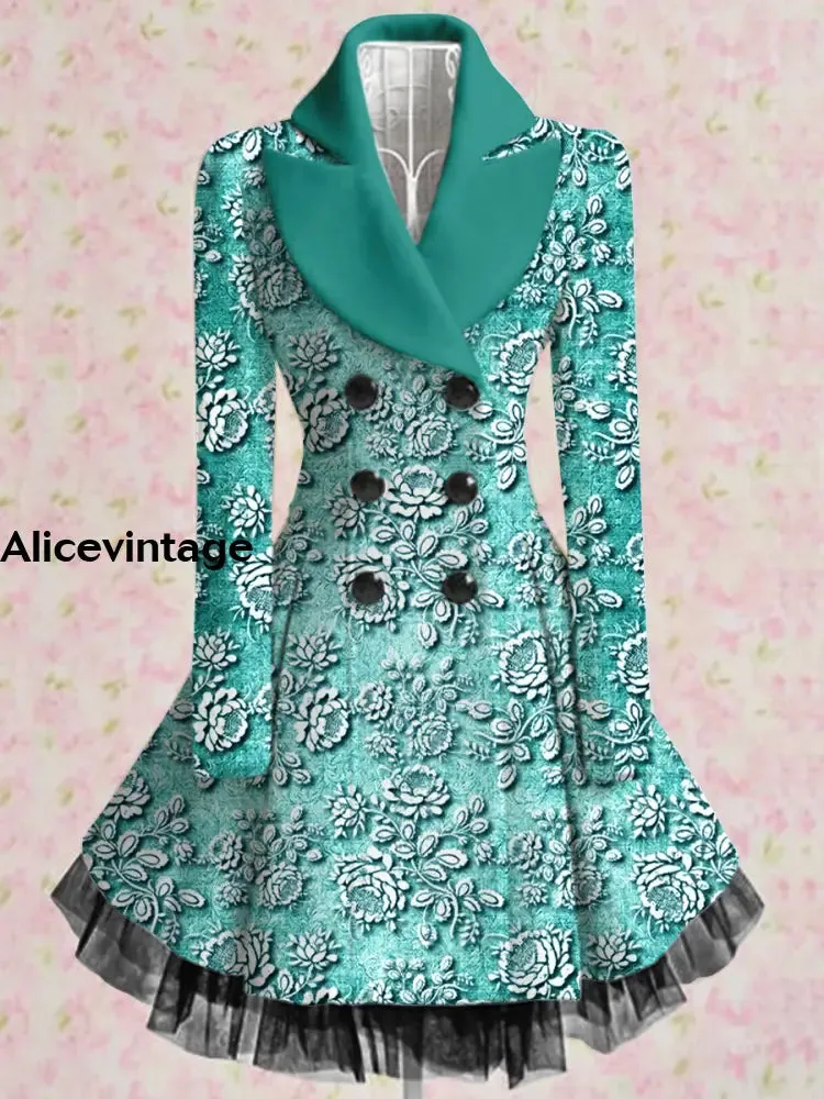 Floral Print Vintage Elegant Lapel V-Neck Button Up Long Sleeve Coat Dress