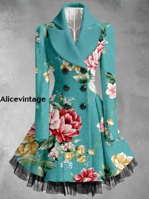 Floral Print Vintage Elegant Lapel V-Neck Button Up Long Sleeve Coat Dress