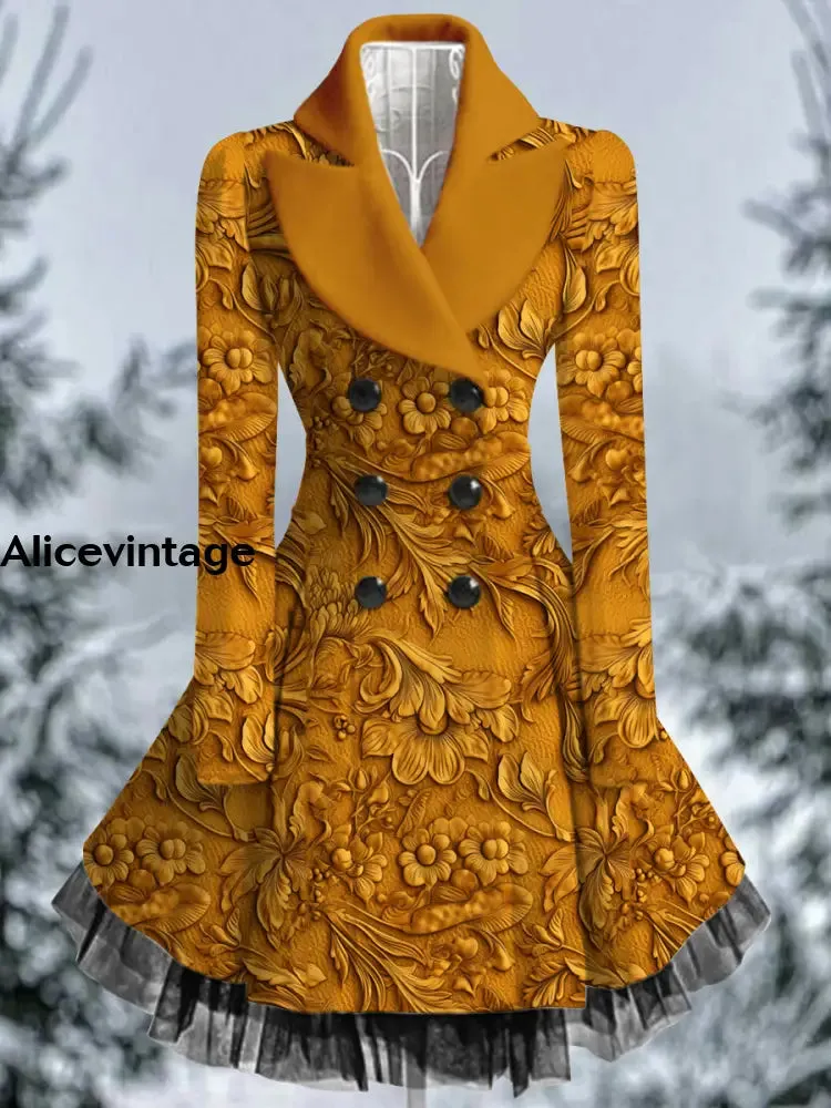 Floral Print Vintage Elegant Lapel V-Neck Button Up Long Sleeve Coat Dress