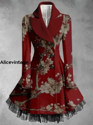 Floral Print Vintage Elegant Lapel V-Neck Button Up Long Sleeve Coat Dress