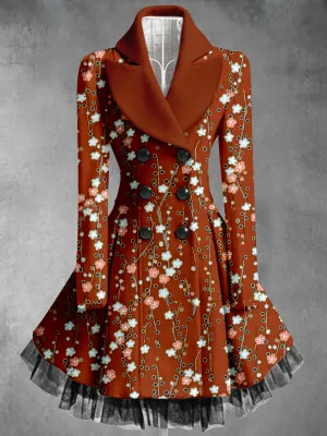 Floral Print Vintage Elegant Lapel V-Neck Button Up Long Sleeve Coat Dress