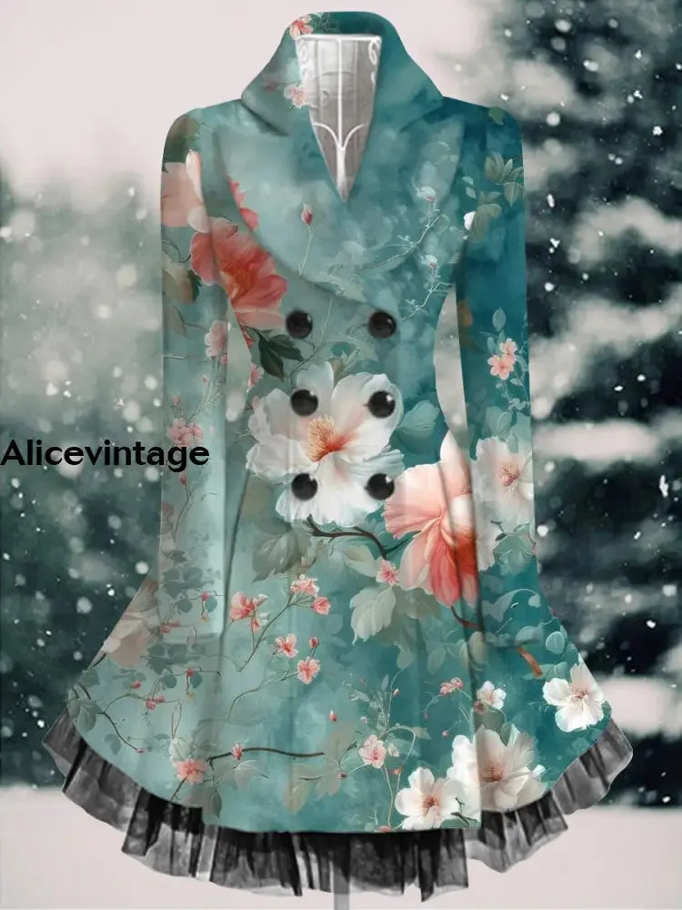 Floral Print Vintage Elegant Lapel V-Neck Button Up Long Sleeve Coat Dress