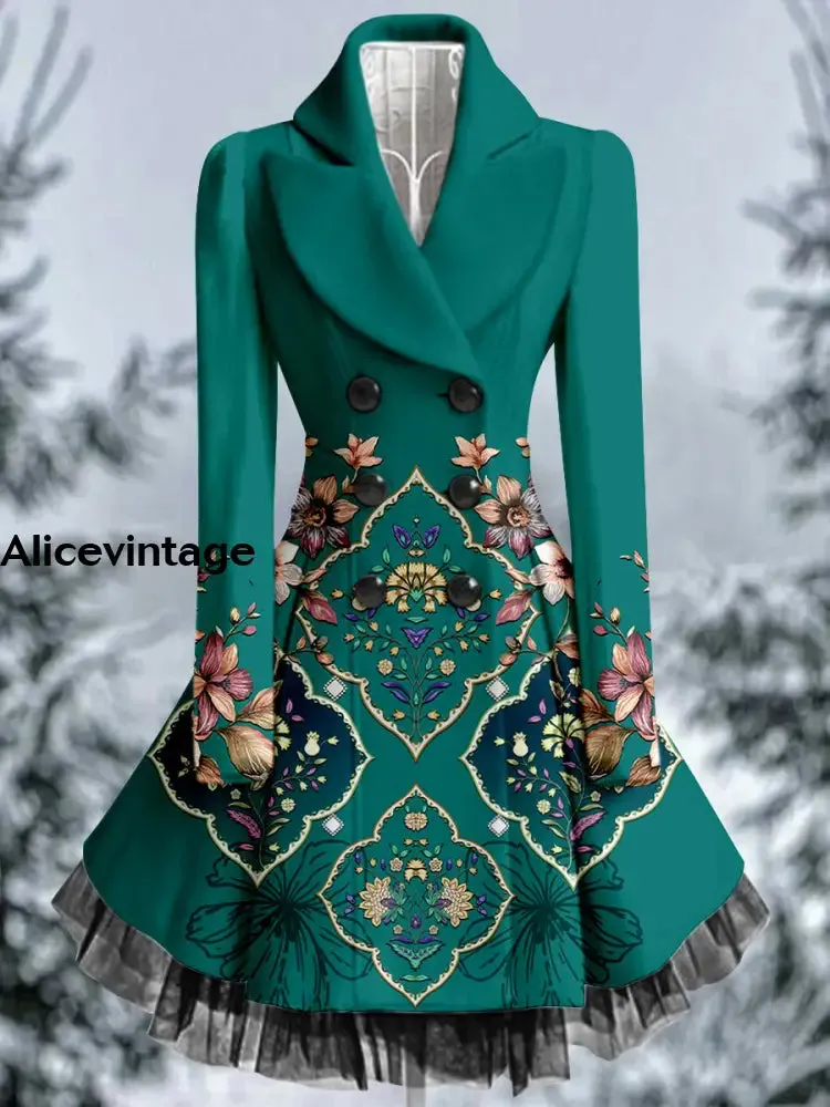 Floral Print Vintage Elegant Lapel V-Neck Button Up Long Sleeve Coat Dress