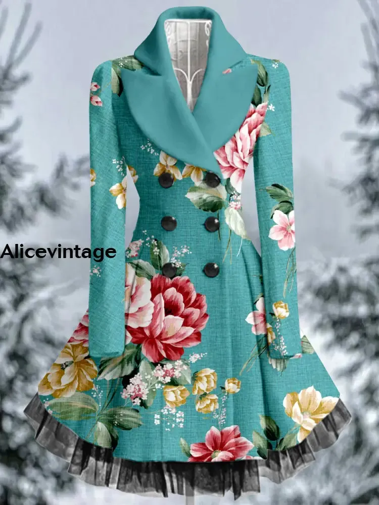 Floral Print Vintage Elegant Lapel V-Neck Button Up Long Sleeve Coat Dress