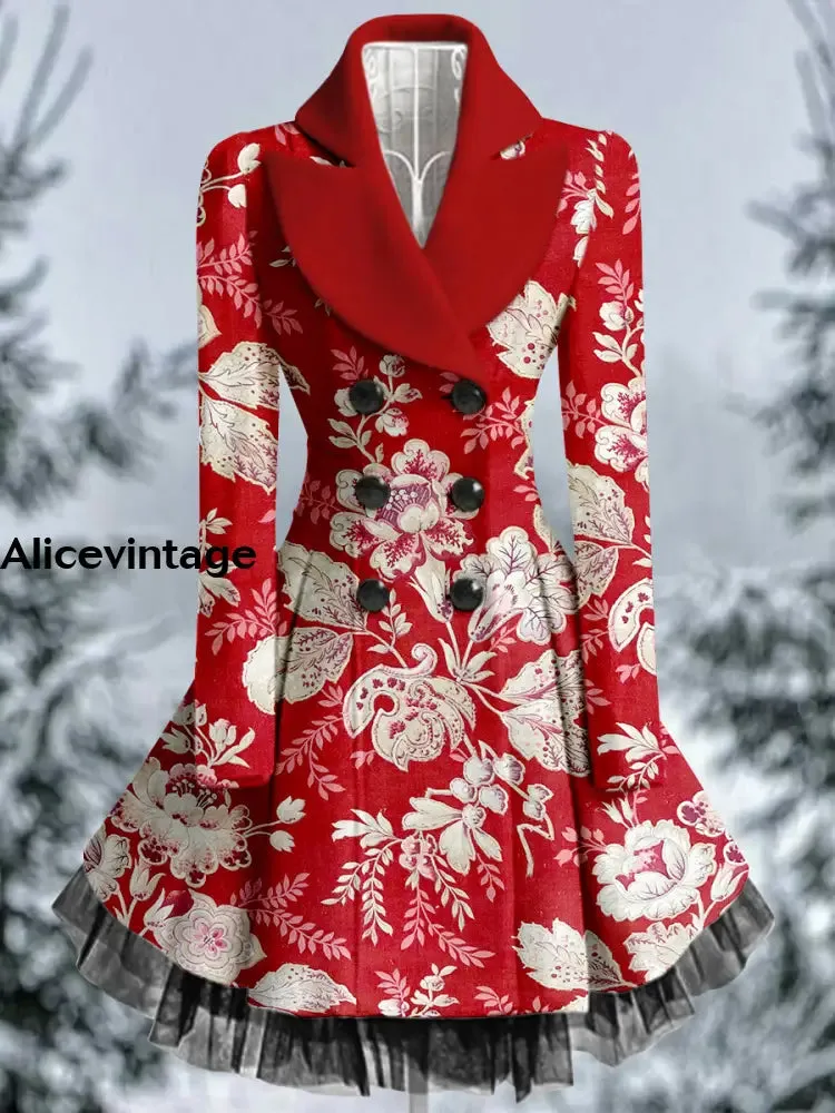 Floral Print Vintage Elegant Lapel V-Neck Button Up Long Sleeve Coat Dress