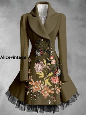 Floral Print Vintage Elegant Lapel V-Neck Button Up Long Sleeve Coat Dress