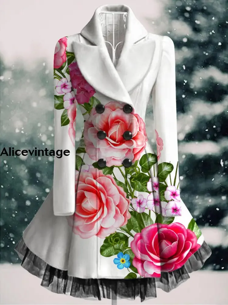 Floral Print Vintage Elegant Lapel V-Neck Button Up Long Sleeve Coat Dress