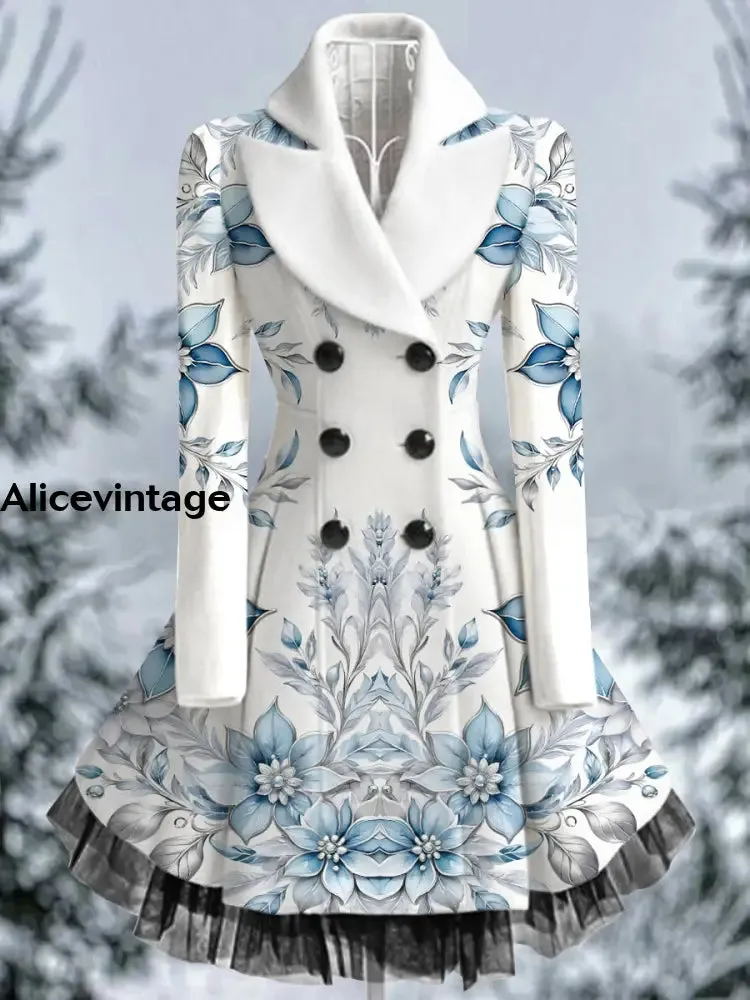 Floral Print Vintage Elegant Lapel V-Neck Button Up Long Sleeve Coat Dress