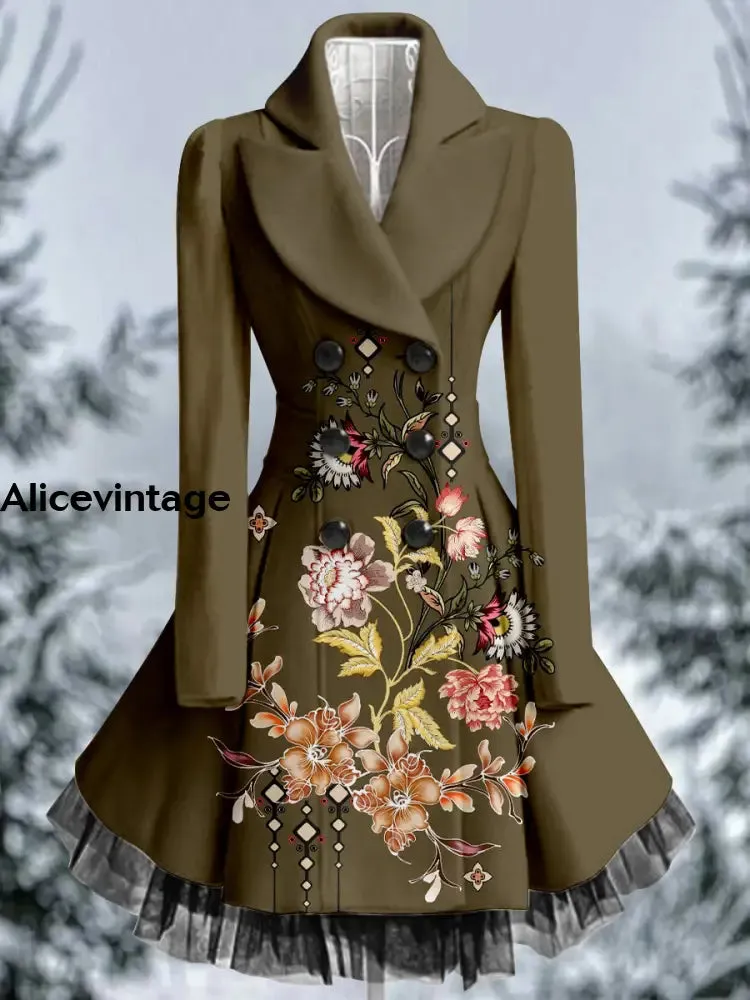 Floral Print Vintage Elegant Lapel V-Neck Button Up Long Sleeve Coat Dress