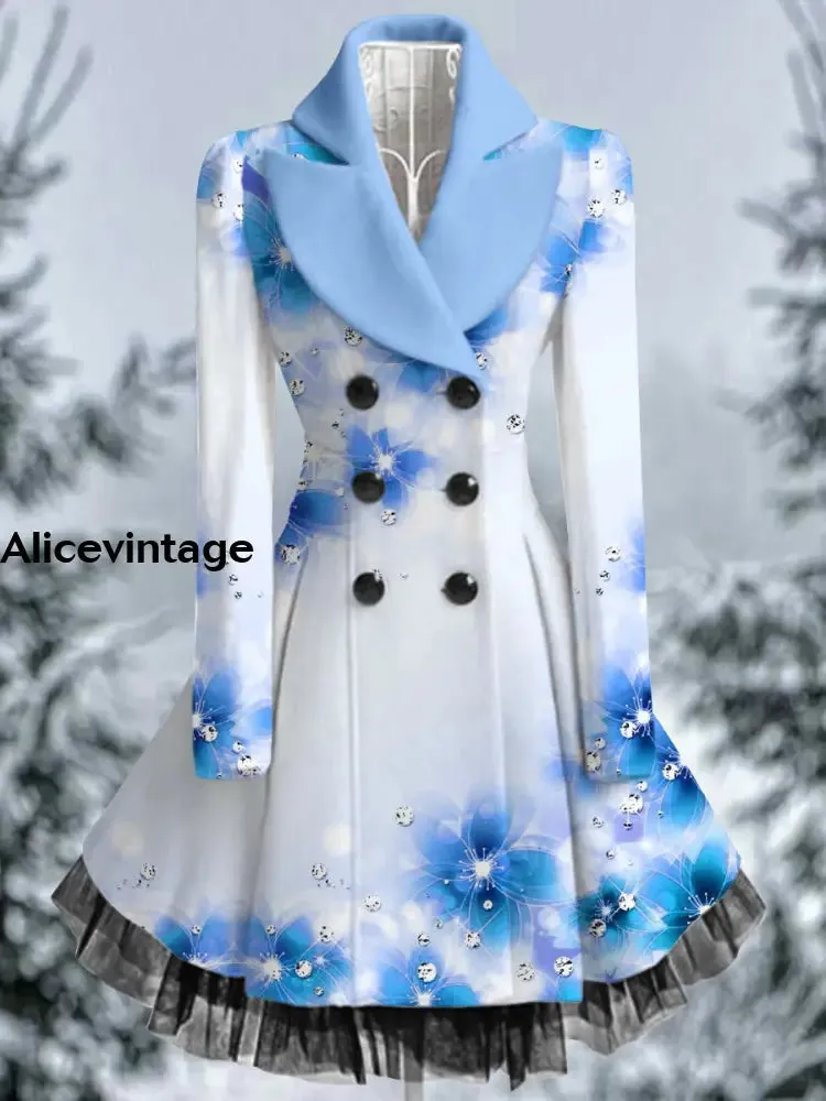 Floral Print Vintage Elegant Lapel V-Neck Button Up Long Sleeve Coat Dress