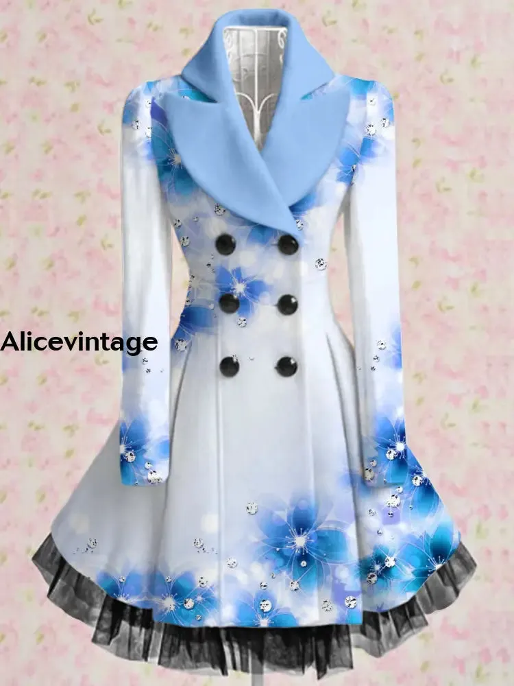 Floral Print Vintage Elegant Lapel V-Neck Button Up Long Sleeve Coat Dress