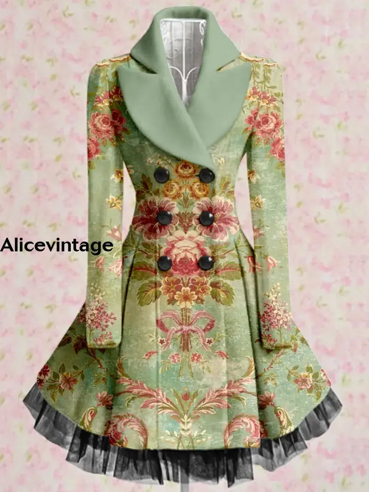 Floral Print Vintage Elegant Lapel V-Neck Button Up Long Sleeve Coat Dress