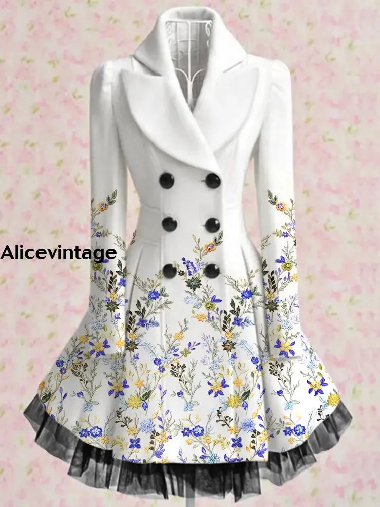 Floral Print Vintage Elegant Lapel V-Neck Button Up Long Sleeve Coat Dress