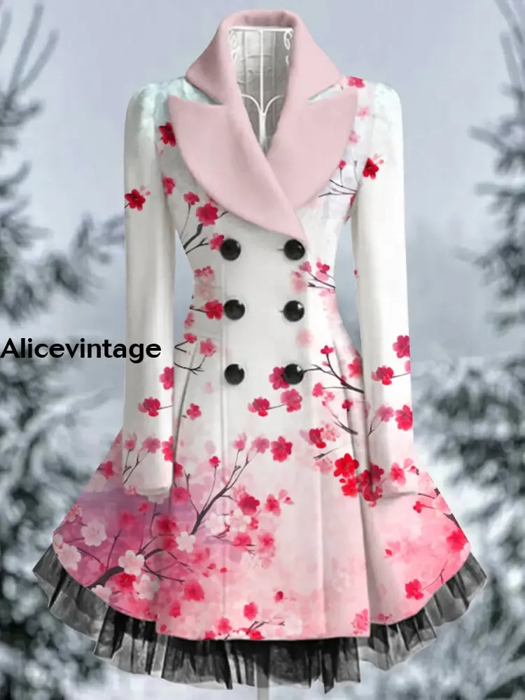 Floral Print Vintage Elegant Lapel V-Neck Button Up Long Sleeve Coat Dress