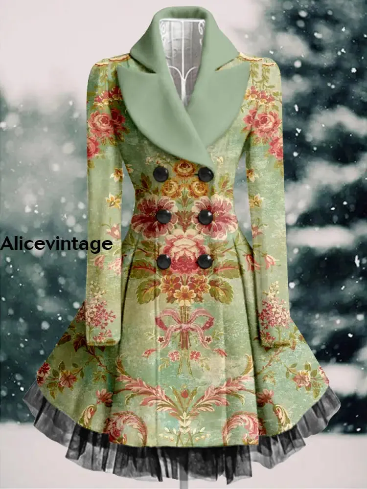 Floral Print Vintage Elegant Lapel V-Neck Button Up Long Sleeve Coat Dress