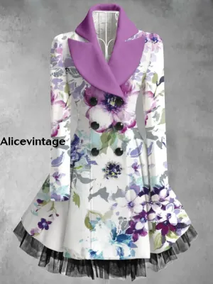 Floral Print Vintage Elegant Lapel V-Neck Button Up Long Sleeve Coat Dress