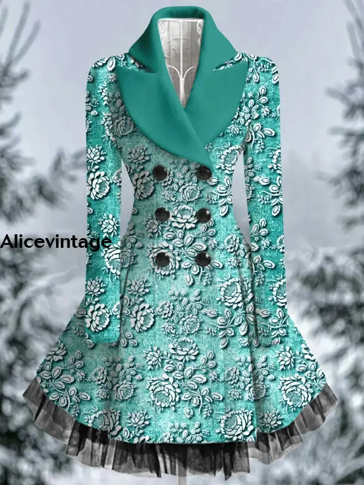 Floral Print Vintage Elegant Lapel V-Neck Button Up Long Sleeve Coat Dress