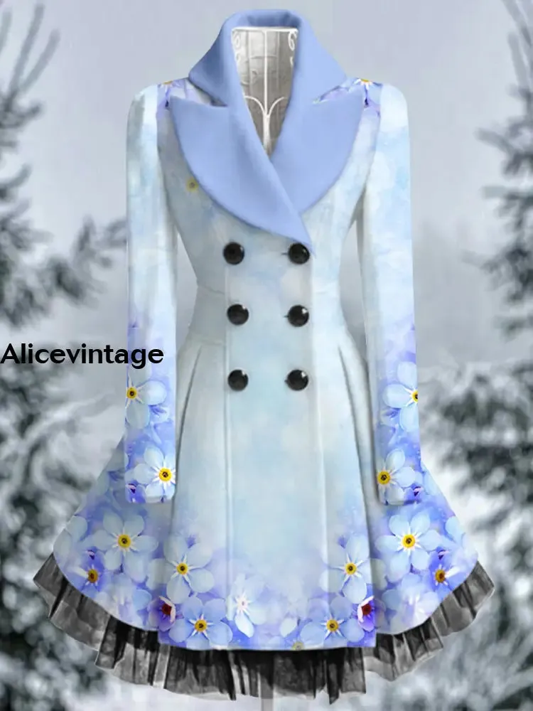 Floral Print Vintage Elegant Lapel V-Neck Button Up Long Sleeve Coat Dress