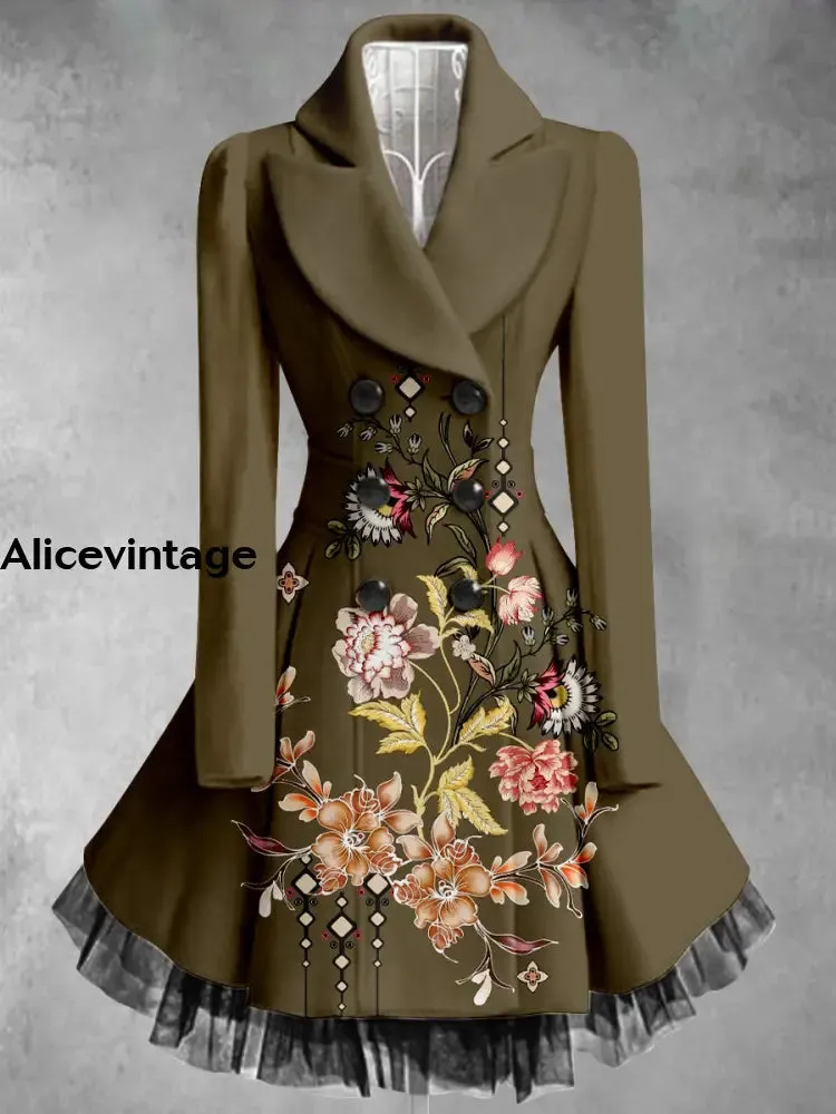 Floral Print Vintage Elegant Lapel V-Neck Button Up Long Sleeve Coat Dress