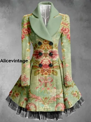 Floral Print Vintage Elegant Lapel V-Neck Button Up Long Sleeve Coat Dress