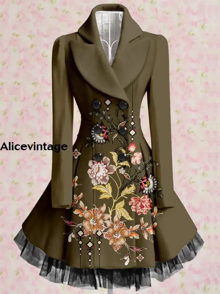 Floral Print Vintage Elegant Lapel V-Neck Button Up Long Sleeve Coat Dress