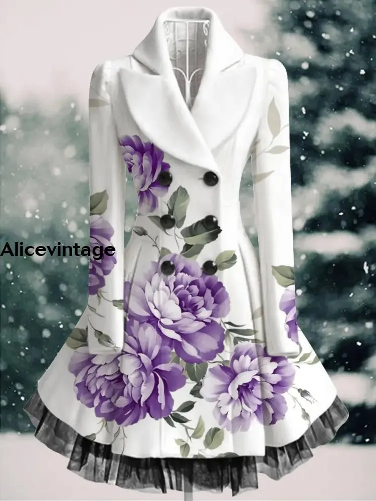 Floral Print Vintage Elegant Lapel V-Neck Button Up Long Sleeve Coat Dress