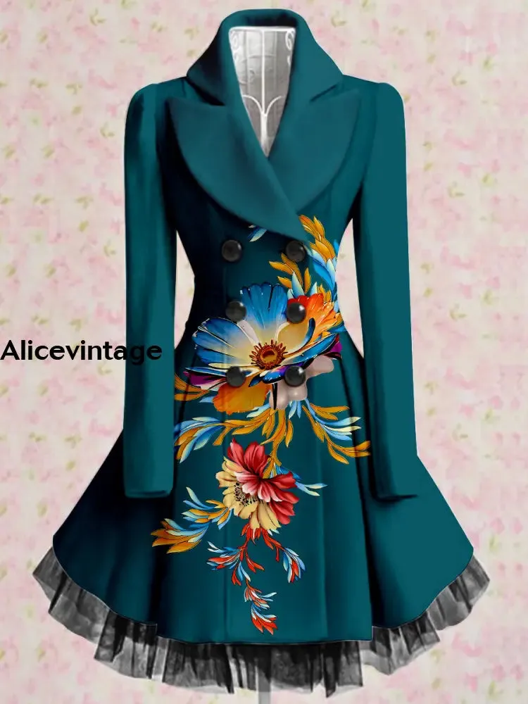 Floral Print Vintage Elegant Lapel V-Neck Button Up Long Sleeve Coat Dress