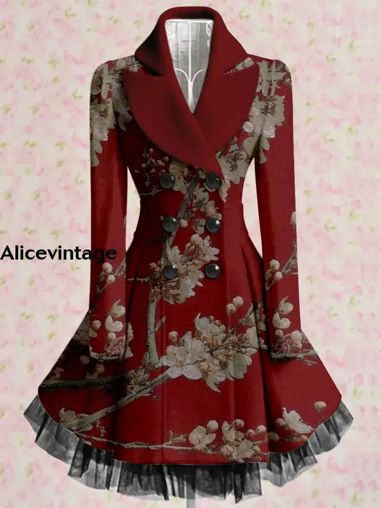 Floral Print Vintage Elegant Lapel V-Neck Button Up Long Sleeve Coat Dress