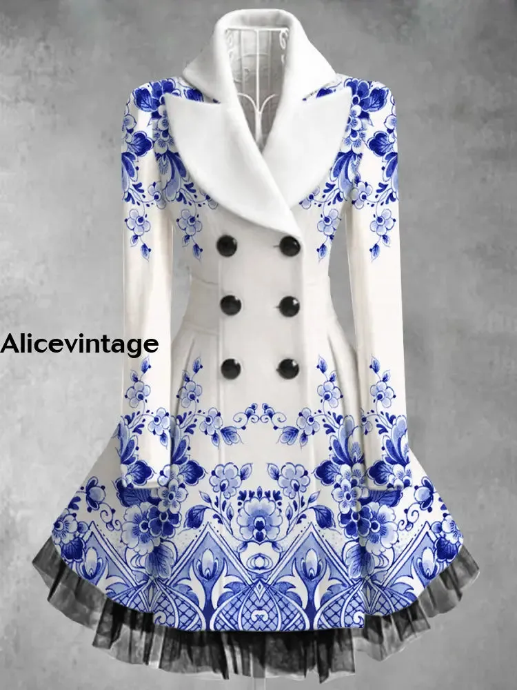 Floral Print Vintage Elegant Lapel V-Neck Button Up Long Sleeve Coat Dress