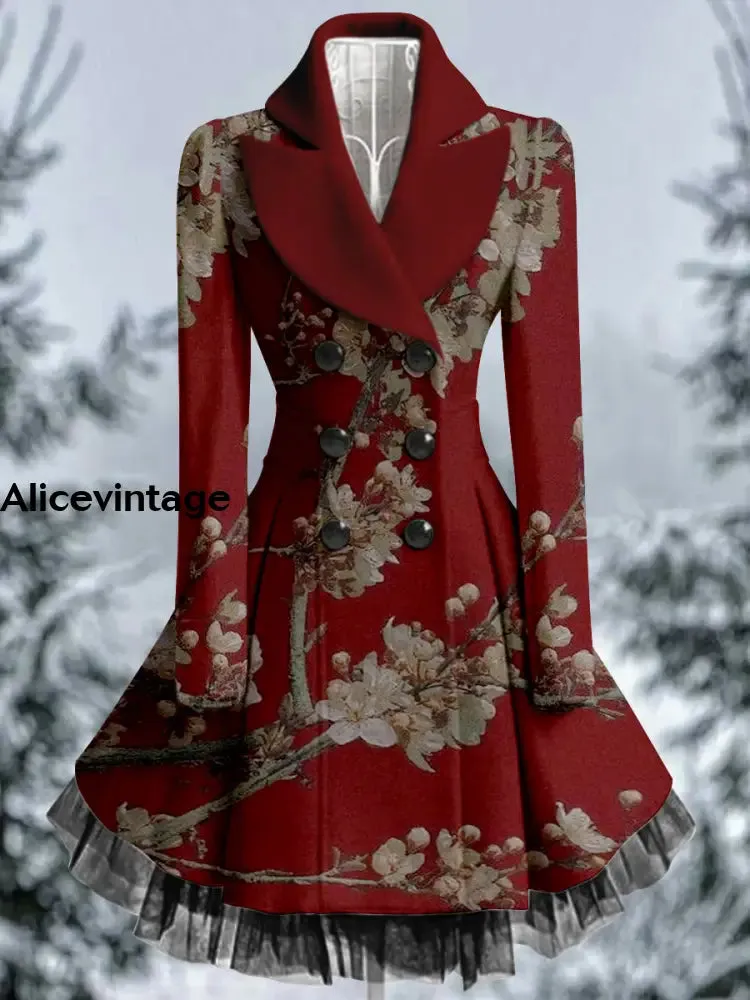 Floral Print Vintage Elegant Lapel V-Neck Button Up Long Sleeve Coat Dress