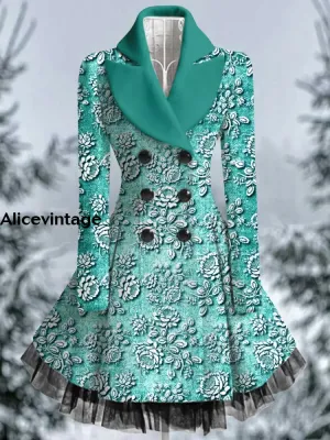 Floral Print Vintage Elegant Lapel V-Neck Button Up Long Sleeve Coat Dress