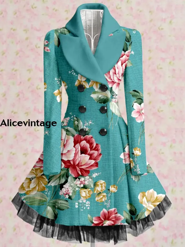 Floral Print Vintage Elegant Lapel V-Neck Button Up Long Sleeve Coat Dress