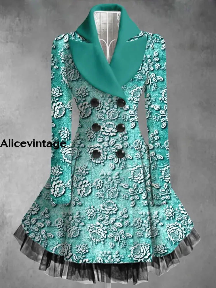 Floral Print Vintage Elegant Lapel V-Neck Button Up Long Sleeve Coat Dress