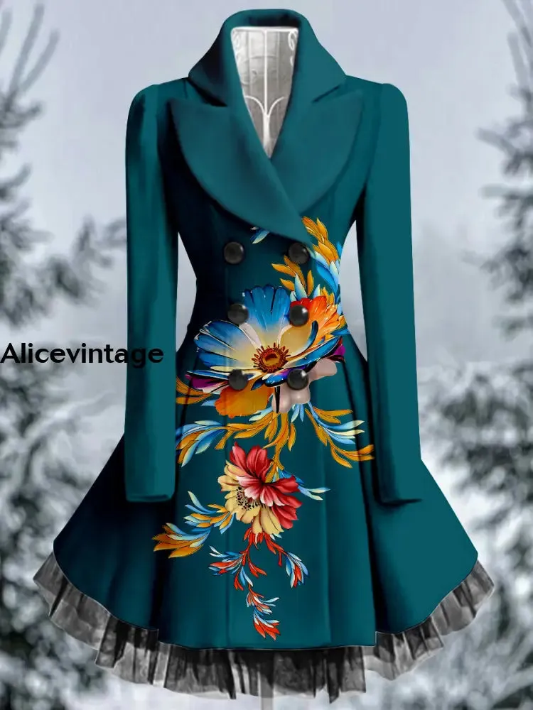 Floral Print Vintage Elegant Lapel V-Neck Button Up Long Sleeve Coat Dress