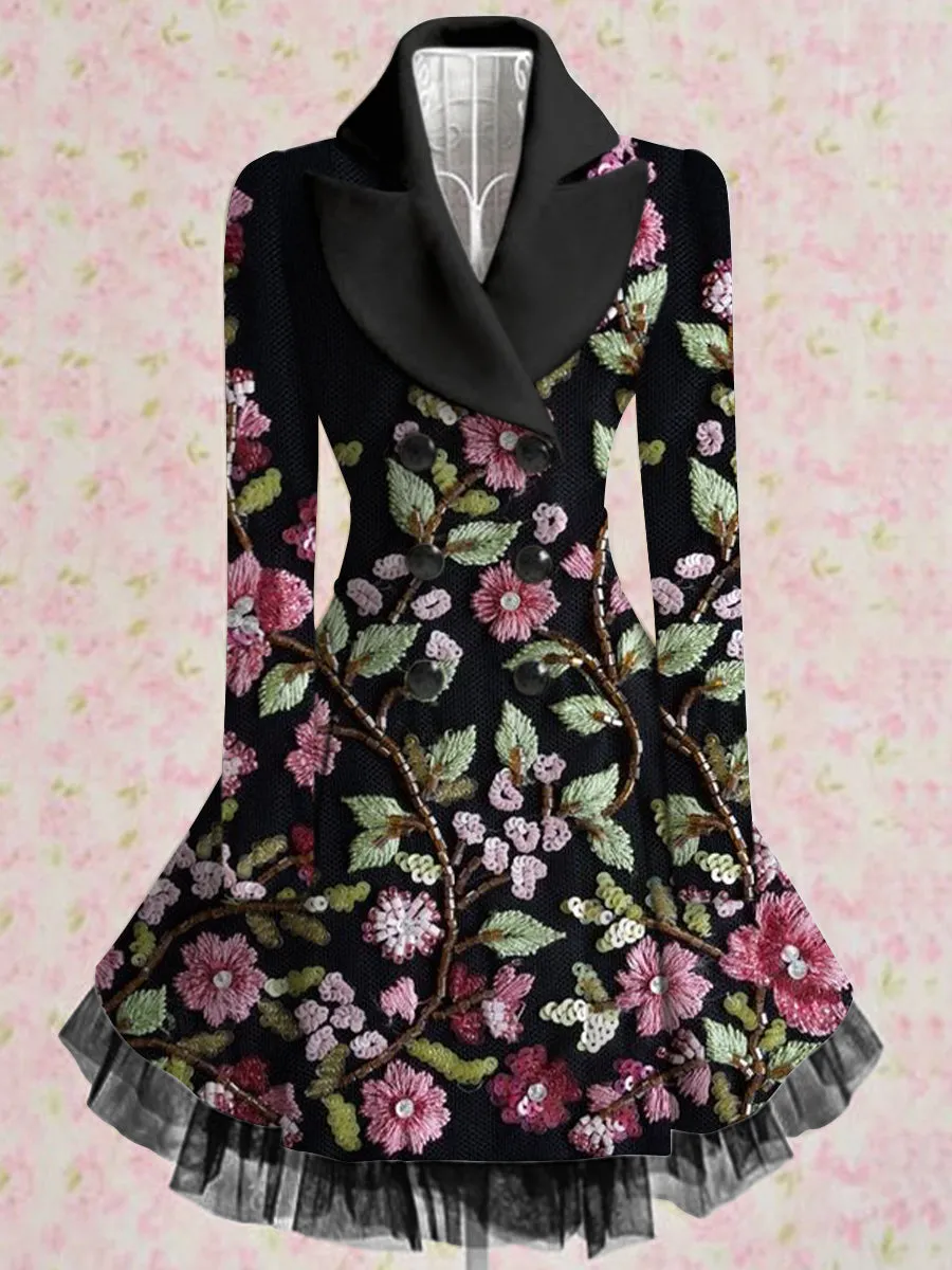 Floral Print Vintage Elegant Lapel V-Neck Button Up Long Sleeve Coat Dress