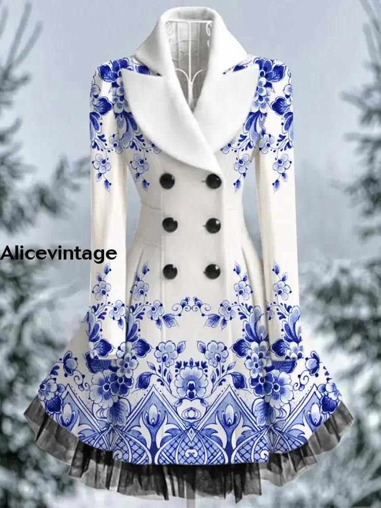 Floral Print Vintage Elegant Lapel V-Neck Button Up Long Sleeve Coat Dress