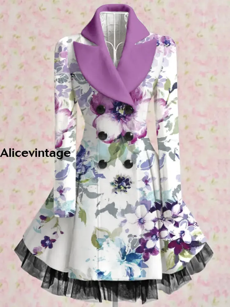 Floral Print Vintage Elegant Lapel V-Neck Button Up Long Sleeve Coat Dress