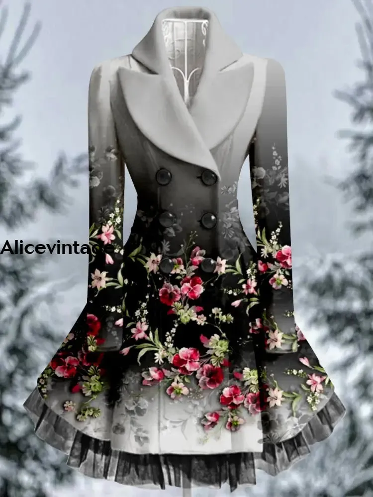 Floral Print Vintage Elegant Lapel V-Neck Button Up Long Sleeve Coat Dress