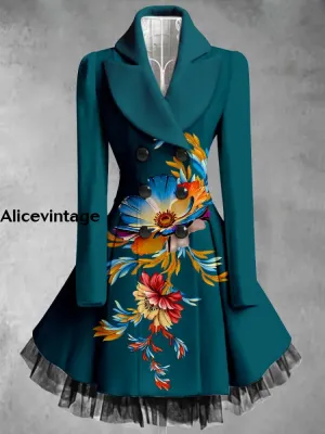 Floral Print Vintage Elegant Lapel V-Neck Button Up Long Sleeve Coat Dress
