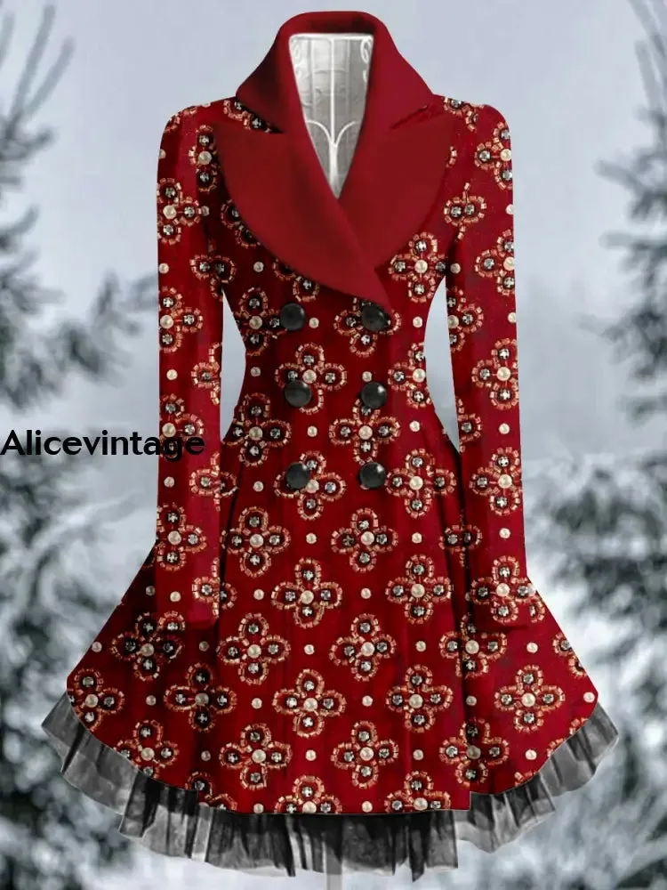 Floral Print Vintage Elegant Lapel V-Neck Button Up Long Sleeve Coat Dress