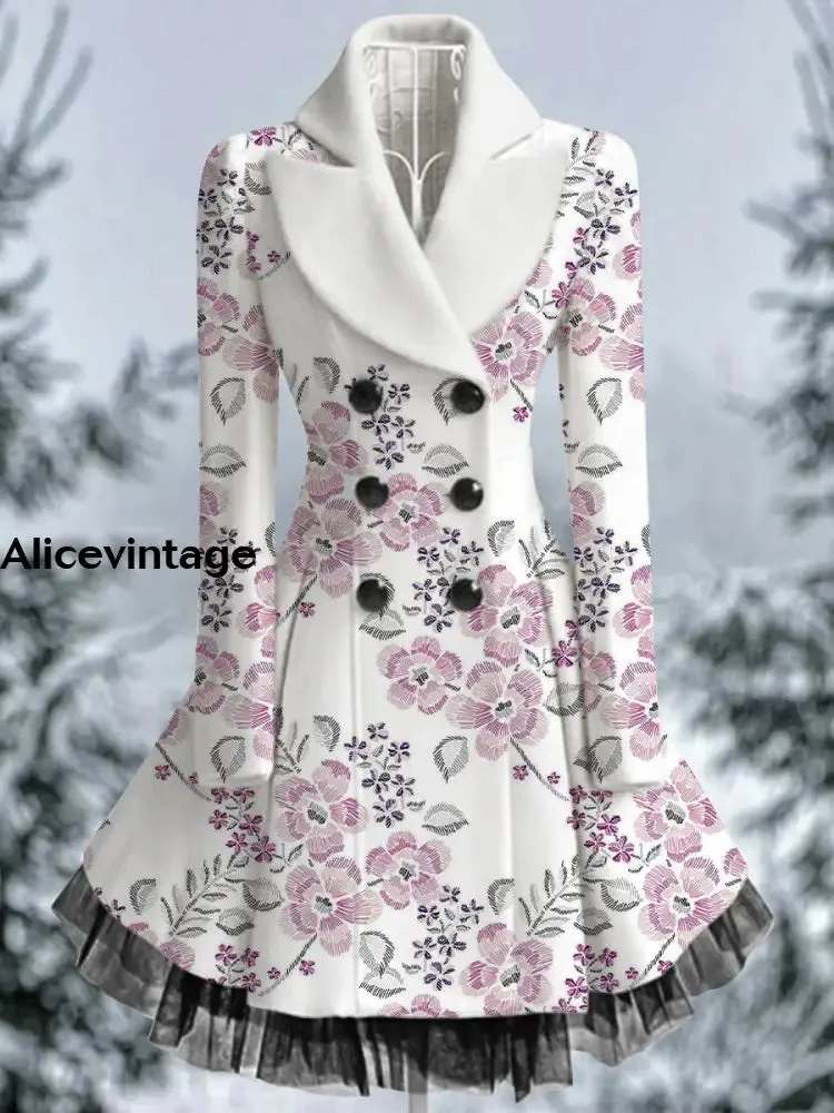 Floral Print Vintage Elegant Lapel V-Neck Button Up Long Sleeve Midi Dress